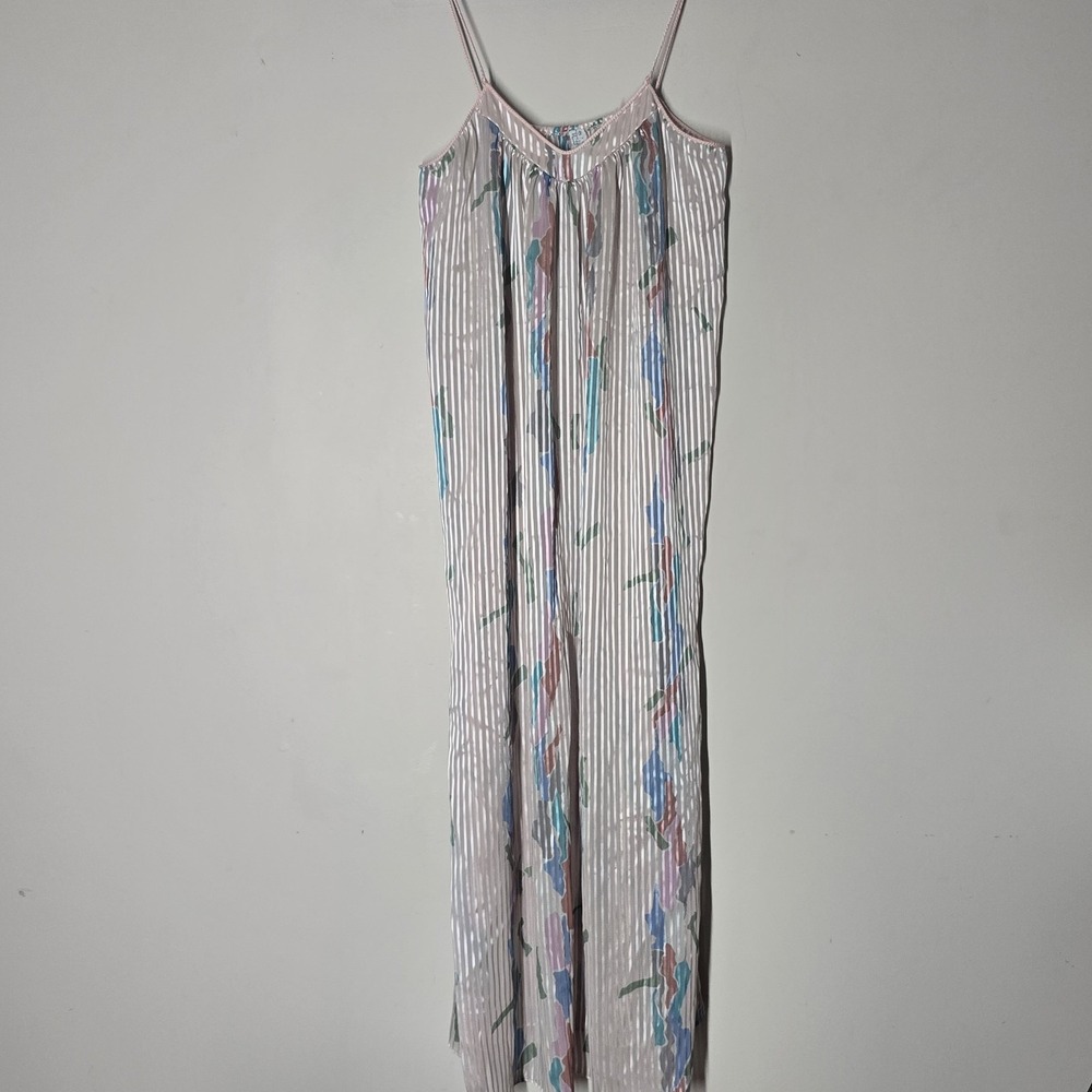 Vintage Mary McFadden Striped Sheer Maxi Dress Abstract Pastel Slip M